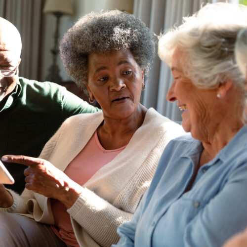 Three happy diverse senior woman and african american male frien