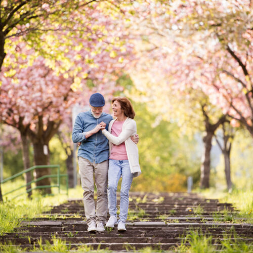 Beautiful senior couple in love outside in spring nature.